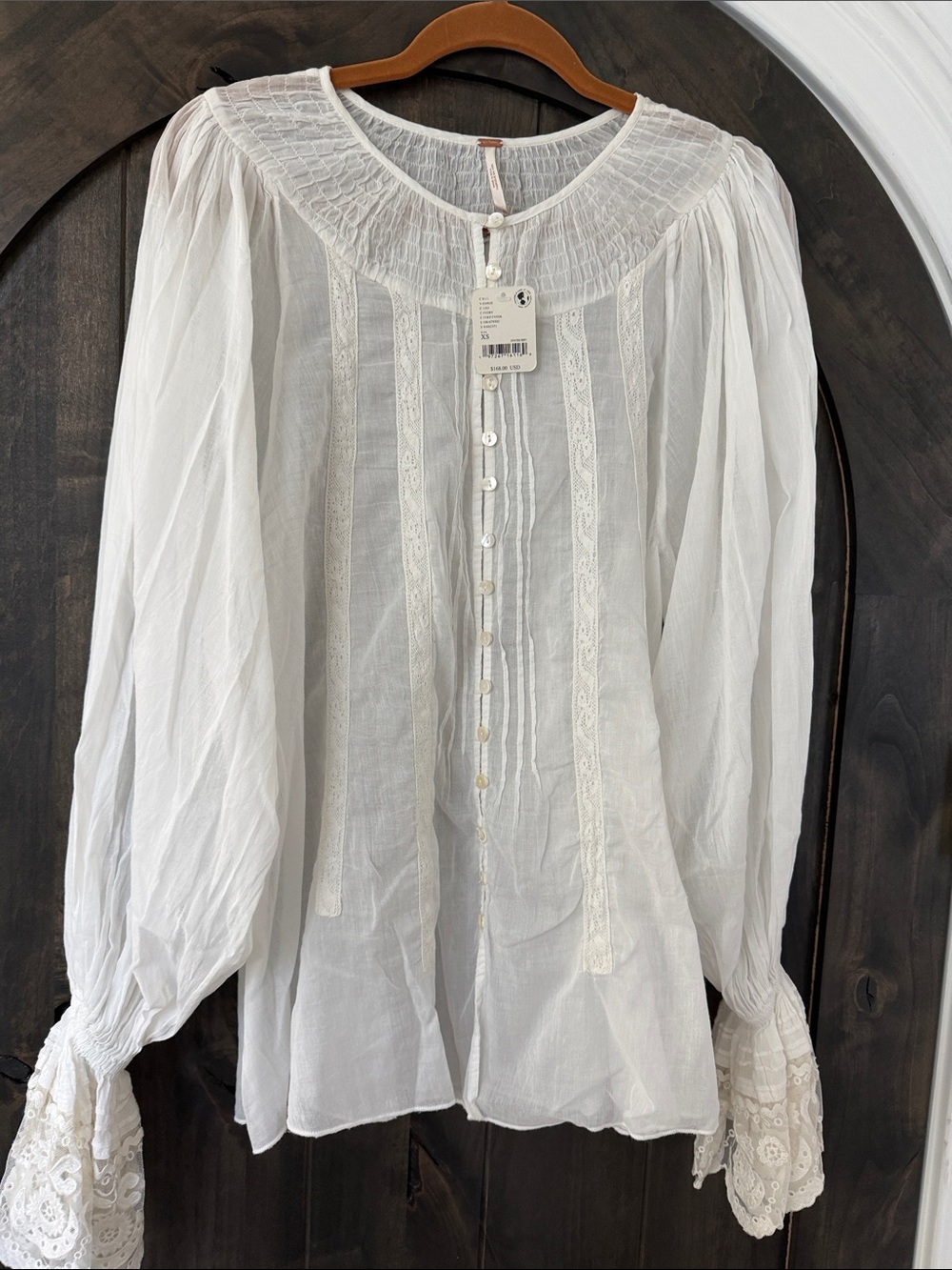 NWT Free People White Lace-Trim Button Down Peasant Blouse